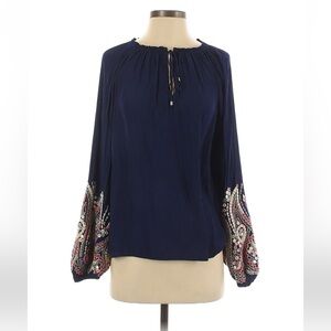 Ramy Brook Size small navy blue tie deck embroided puff sleeve blouse